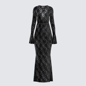 Never Worn Black Lace All Sheer Bell Sleeve V Neck Gown🖤